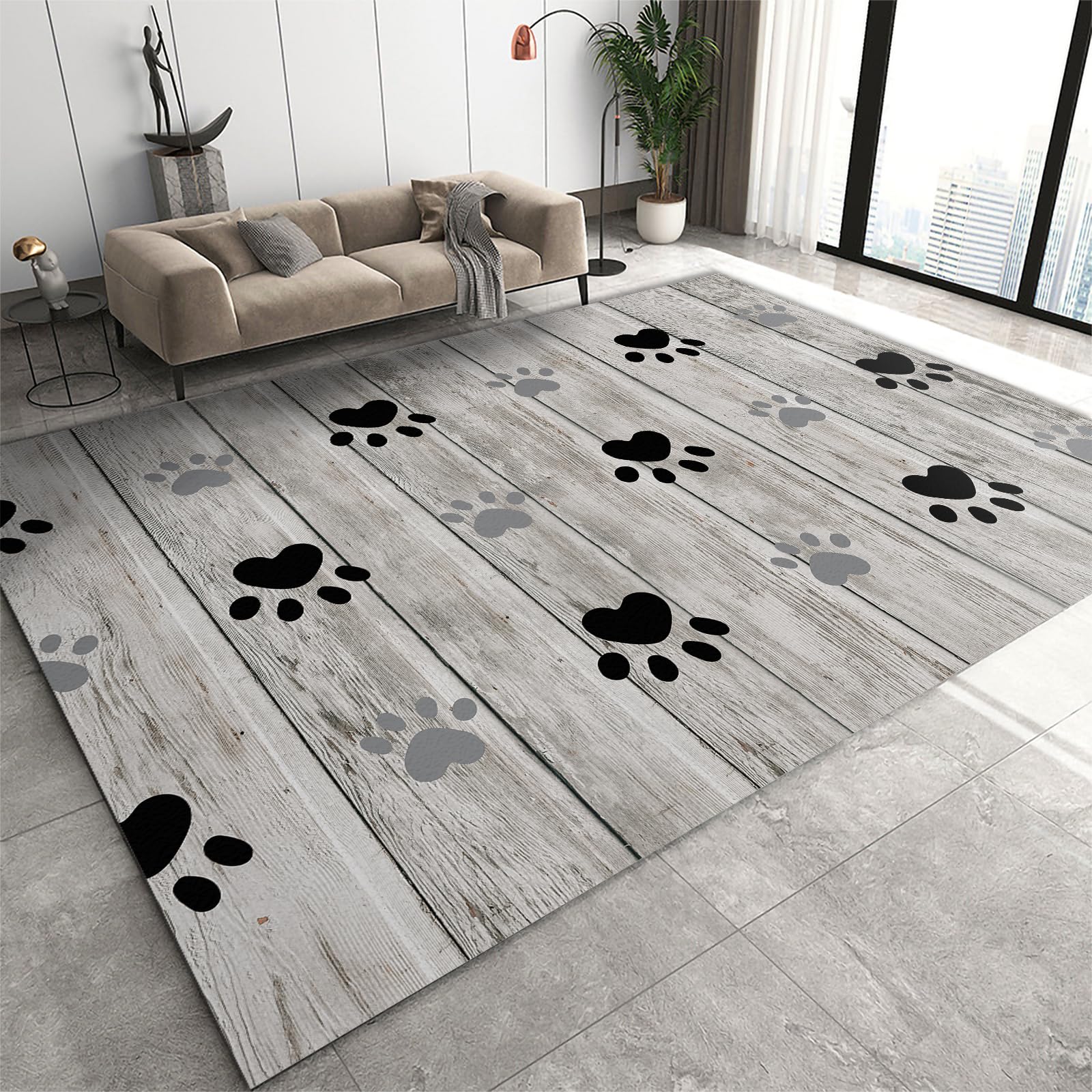 JELAIXO Cartoon 3'x2' Rug - Dog Paw Prints Nursery Rug, Wooden Board Durable Foldable Large Area Rugs for Kids Boys and Girls Room