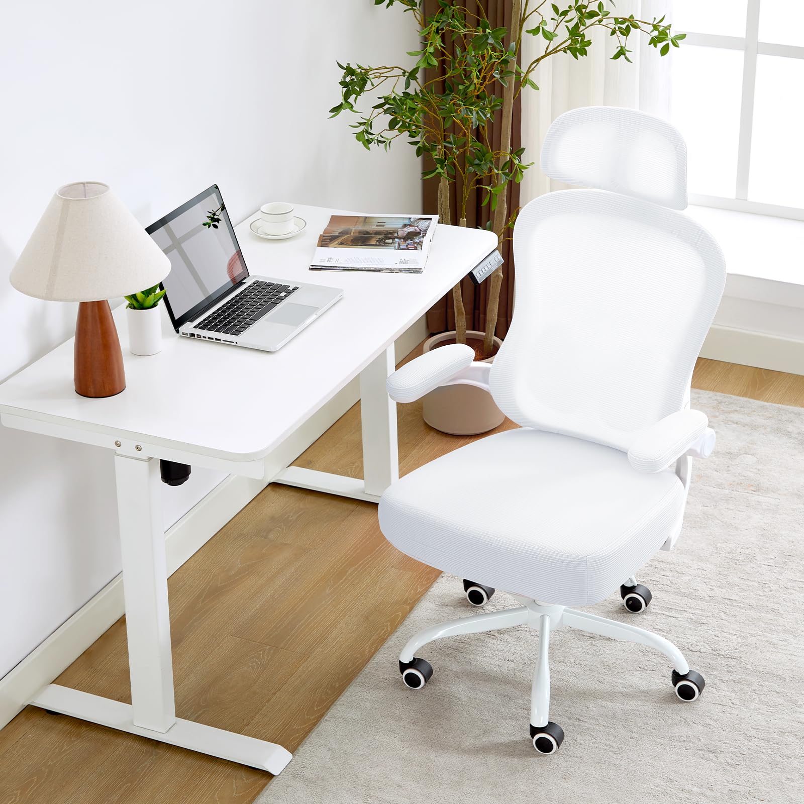 TUKAKA Ergonomic Office Chair,Ultra Thick Office Desk Chair with Adjustable Lumbar Support and Headrest,Spring Cushion,Rocking Function,Flip-up arms,Mesh Computer Chair for Home Office,White