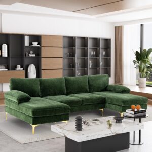 onemmlion u-shaped sectional sofa couch for living room, 4 seat sofa l-shaped chenille sleeper couch set with double chaise lounge,110.6 inches (green)