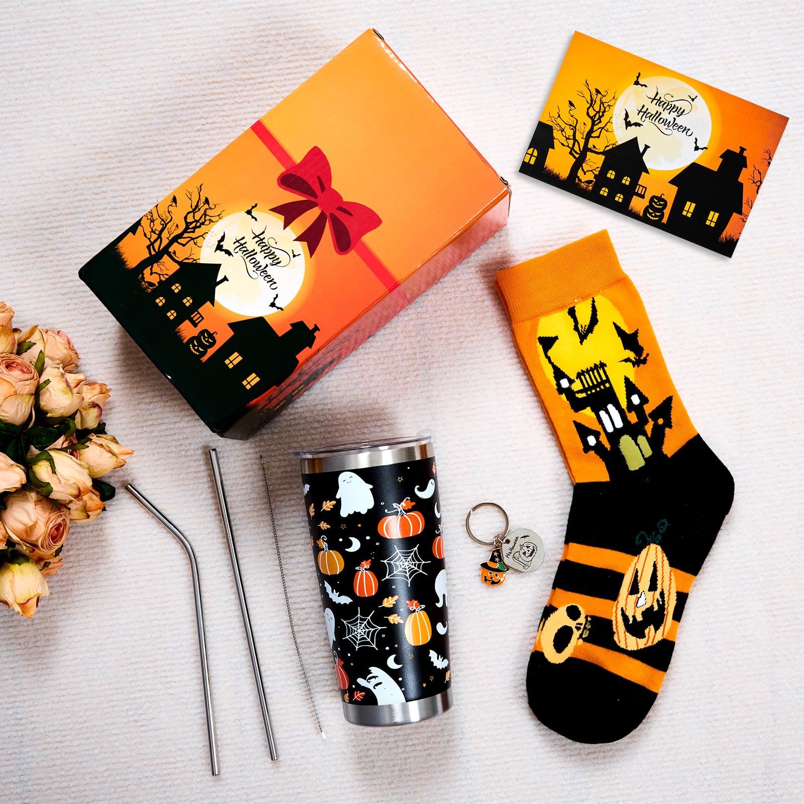 PUPPY GO Halloween Gifts Set, 5PCS Halloween Tumbler Set Includes 20oz Tumbler with Lids and Straw Socks Keychain Thanks Card, Cute Pumpkin Gift for Women