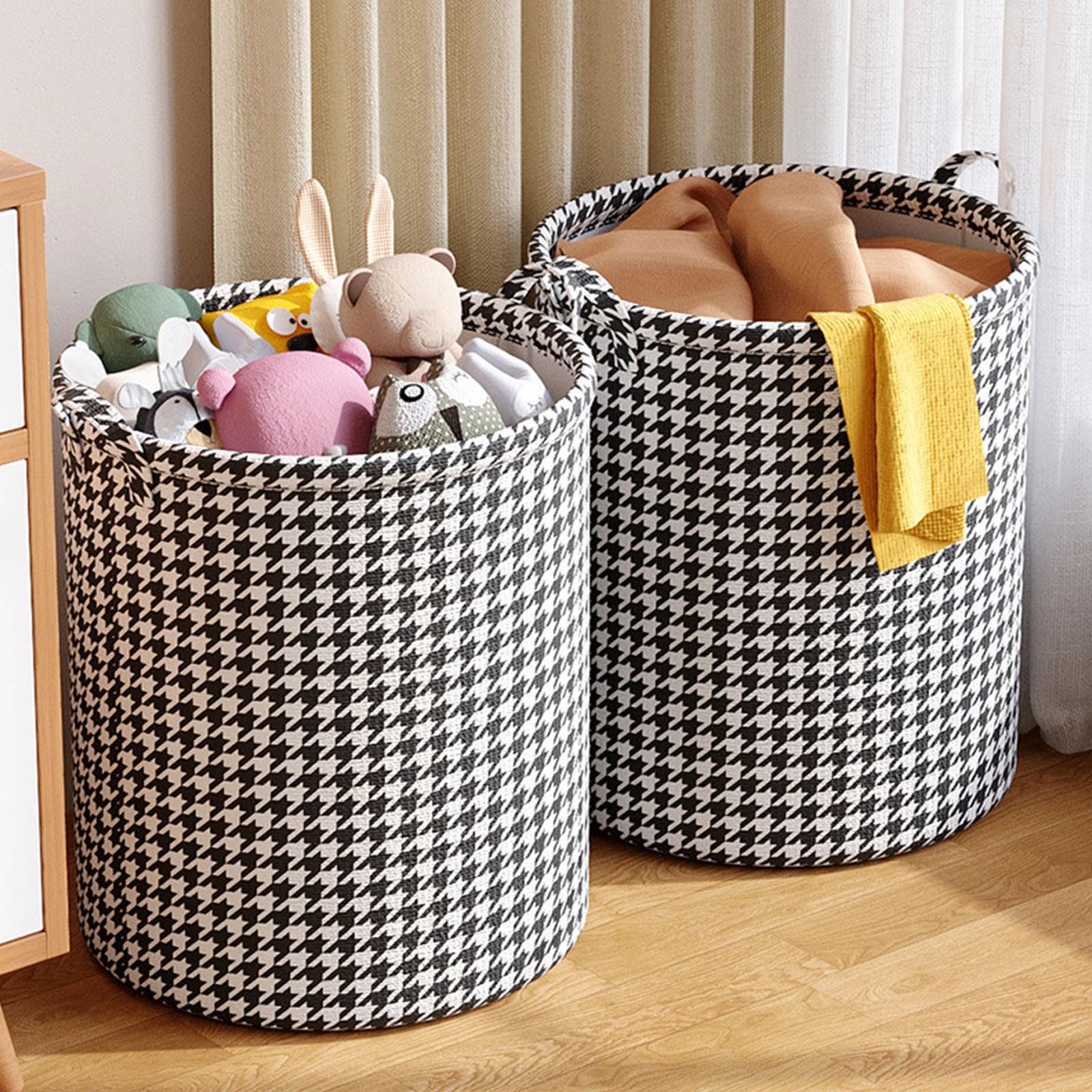 Laundry Basket with Handles,Blanket Basket Storage with Houndstooth,Foldable Fabric Bedroom Hamper,Dirty Clothes Hamper for Living Room,Baby Room (A)