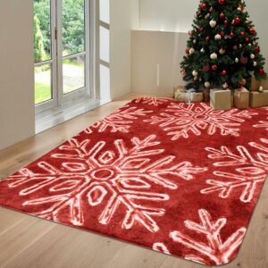 Christmas Area Rug Snowflake Winter Area Rugs Christmas Decorative Rug Xmas Throw Carpet Washable Non Slip Holiday Rug for Entryway Bedroom Living Room Laundry Room Indoor Red 5 x 7 FT