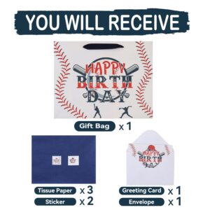 13” Large Baseball Happy Birthday Gift Bag Set with Handles, Greeting Card, Tissue Papers and Stickers for Boys Kids Teens, Sport Themed Birthday Design, 1 Pcs