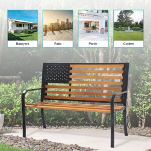 QUYZE 50”Outdor Bench, Cast Iron Metal Frame Garden Bench with American Flag Backrest,Thermoplastic Coated Patio Bench Slatted Park Bench for Porch Yard Lawn Deck