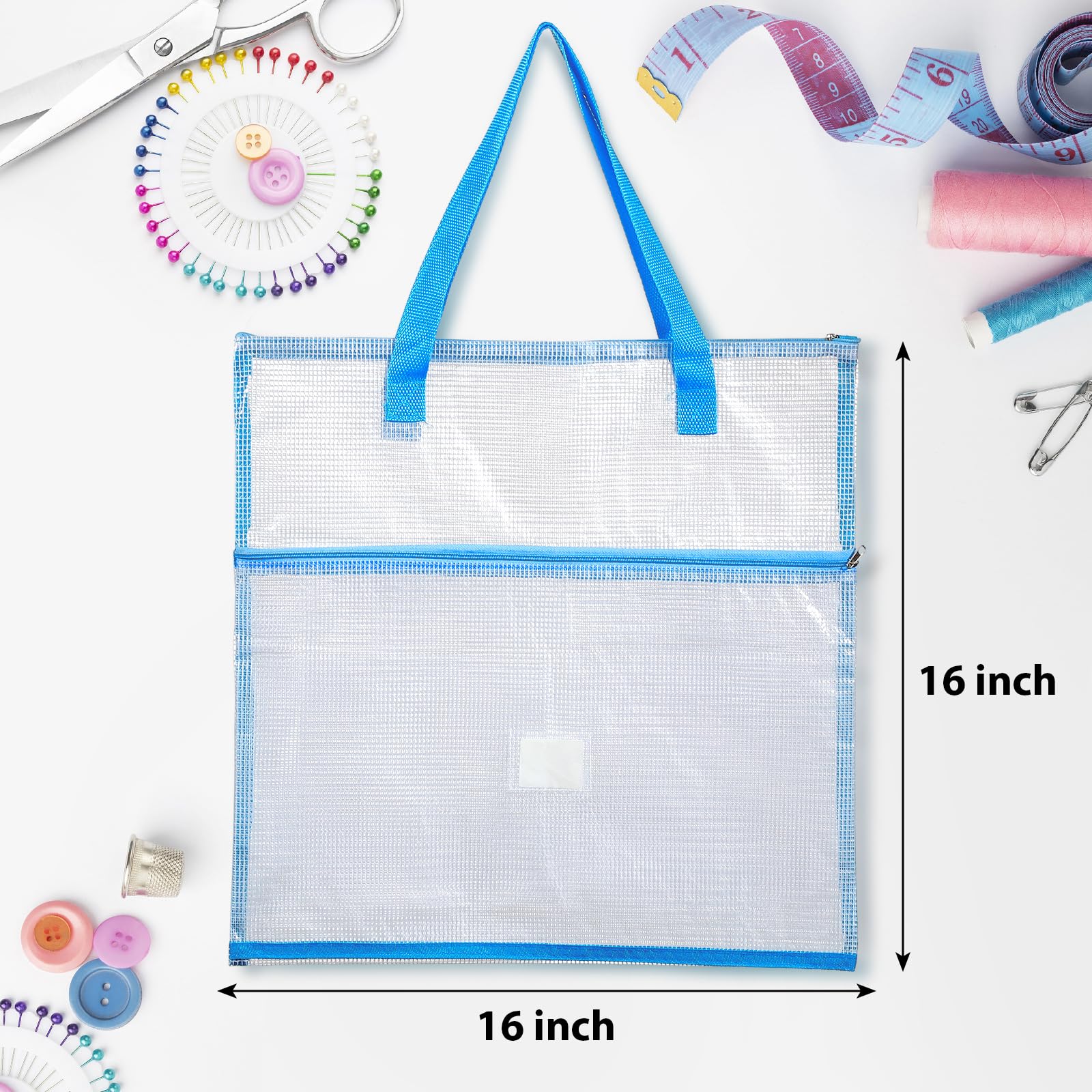 Cosblank 16.1x16.1inches Sew Project Bag Jumbo Sew Quilting Bag for Quilters and Crafter Portable and Organized Craft Storage Mesh Vinyl Zipper Storage Bag for Art Craft and Wearable Craft