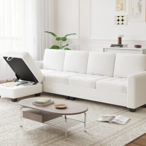 coucheta 100.6" Modular Sectional Sofa with Storage, Home Sofa Living Room with 4 Seat, L-Shaped Bench Chenille for Offices and Apartments, Deep Seat Sofa with Double Sided Chaise Longue, Beige