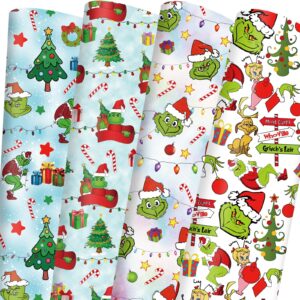 green christmas wrapping paper funny cartoon character xmas gift wrap for boys girls kids women men hoilday baby shower decoration - 20 x 28inches per sheet(8 pack)