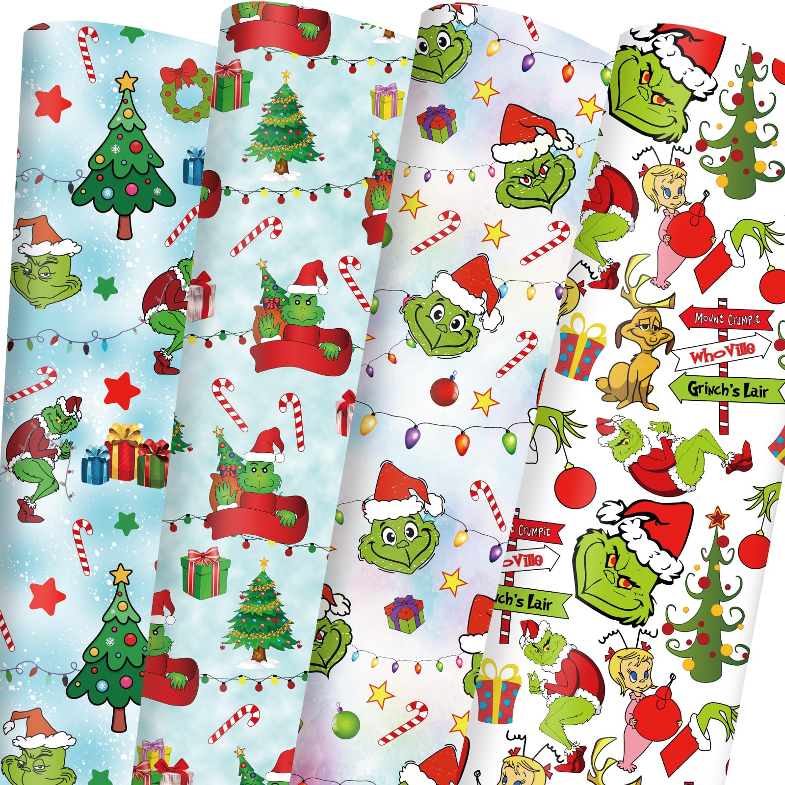 Green Christmas Wrapping Paper Funny Cartoon Character Xmas Gift Wrap for Boys Girls Kids Women Men Hoilday Baby Shower Decoration - 20 X 28Inches Per Sheet(8 Pack)