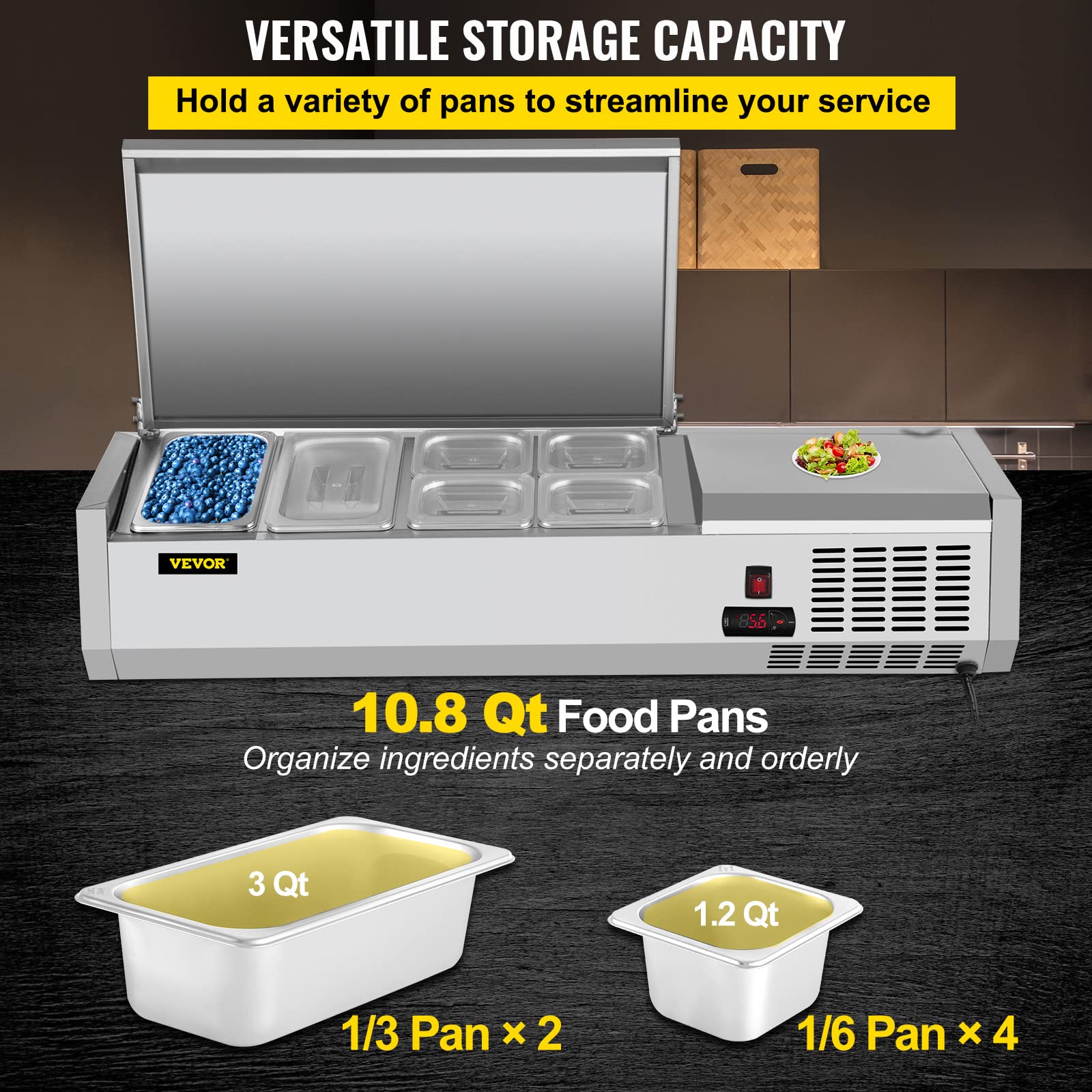 VEVOR Refrigerated Condiment Prep Station, 48-Inch, 10.8Qt Sandwich/Salad Prep Table with 2 1/3 Pans & 4 1/6 Pans, 150W Salad Bar with 304 Stainless Body and Cover Temp Adjuster One-Click Defrosting