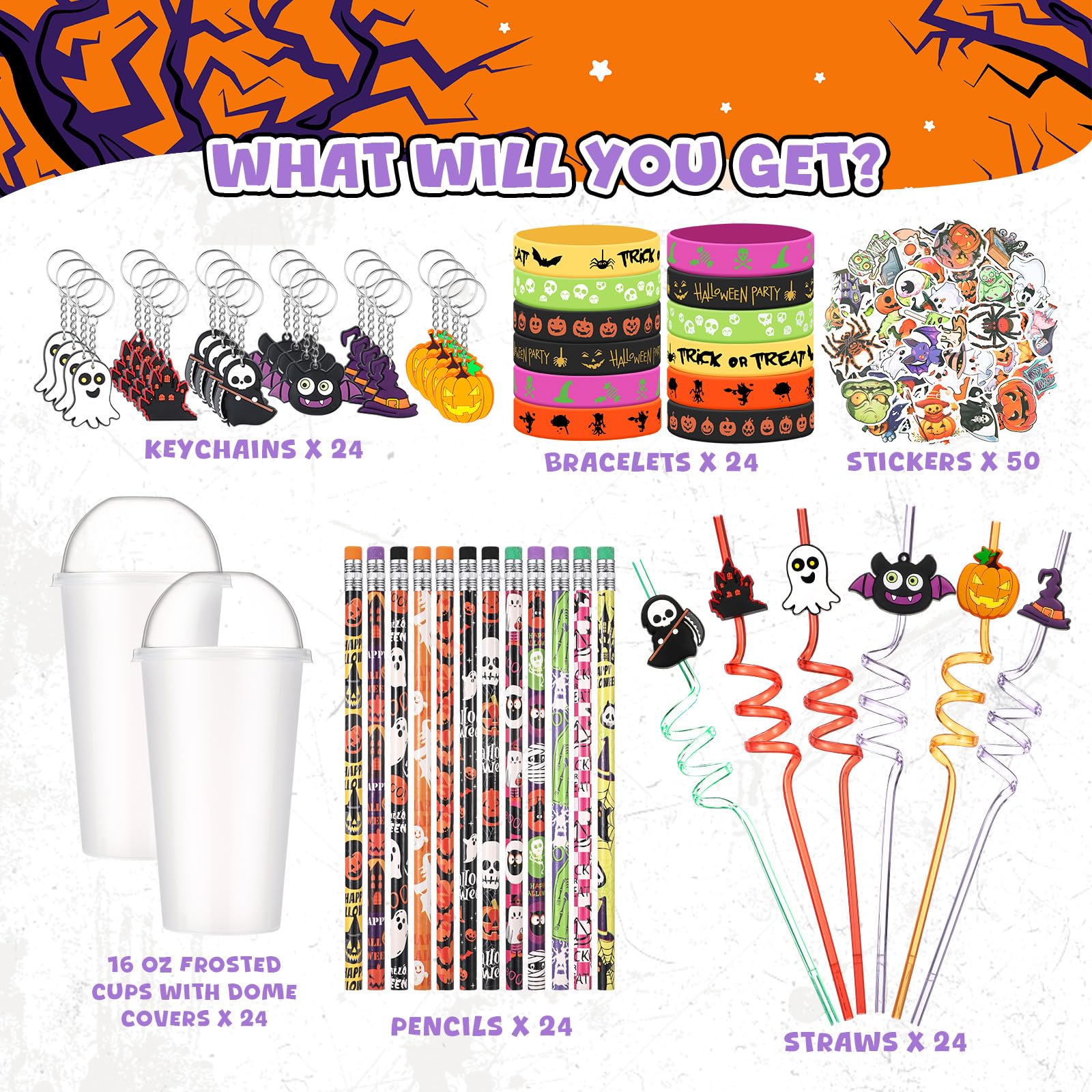 Seenelling 24 Set Halloween Party Favors Gift Cups Filler for Students, Halloween Goodie Bag Fillers, Halloween Treats Non Candy, Halloween Keychain Pencil Straw Silicone Bracelet for Classroom Gifts