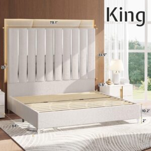 Jocisland King Bed Frame with 58" Tall Headboard, Velvet Upholstered Platform Bed Frame with Silver Plating Trim, Sturdy Bed No Box Spring Needed, Cream