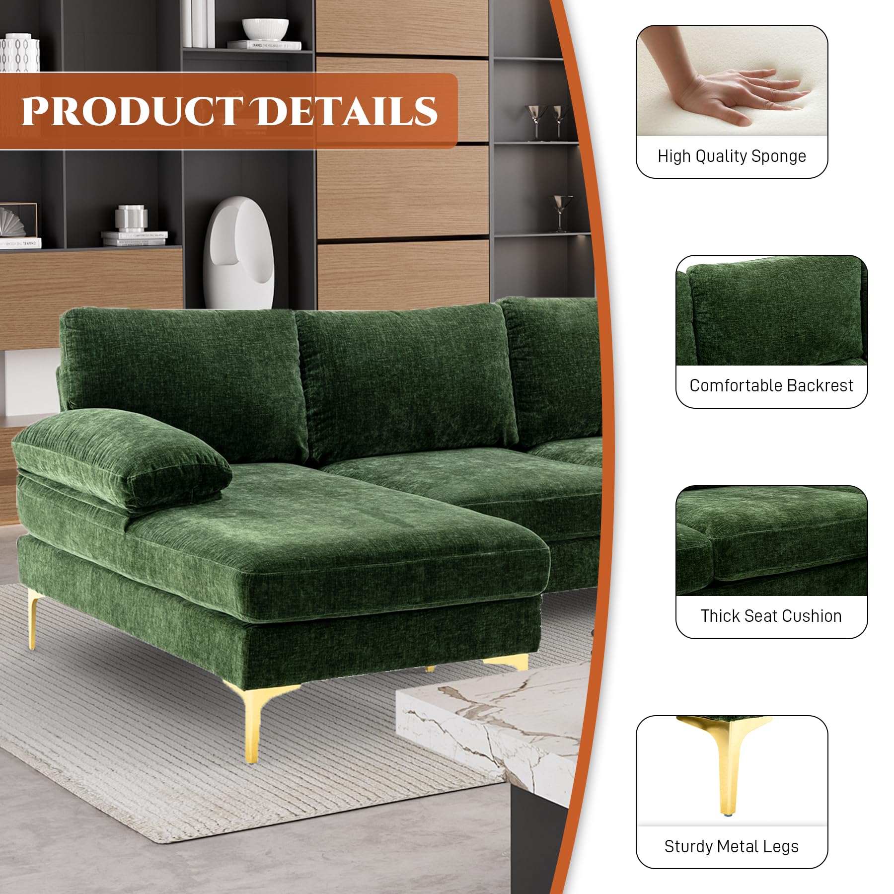 ONEMMLION U-Shaped Sectional Sofa Couch for Living Room, 4 Seat Sofa L-Shaped Chenille Sleeper Couch Set with Double Chaise Lounge,110.6 inches (Green)