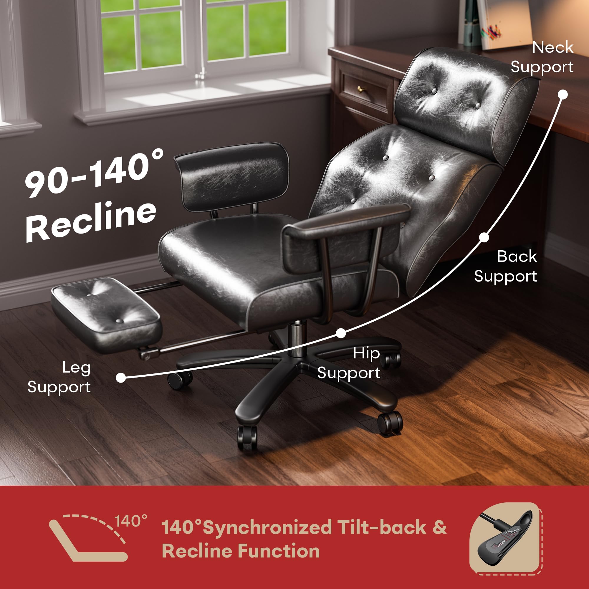 SeekFancy Reclining Office Chair with Footrest, Big and Tall Office Chair 400lbs Wide Seat, Leather High Back Executive Office Chair, Ergonomic Vintage Desk Chair, Heavy Duty Black Computer Chair