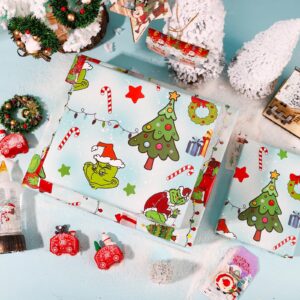 Green Christmas Wrapping Paper Funny Cartoon Character Xmas Gift Wrap for Boys Girls Kids Women Men Hoilday Baby Shower Decoration - 20 X 28Inches Per Sheet(8 Pack)