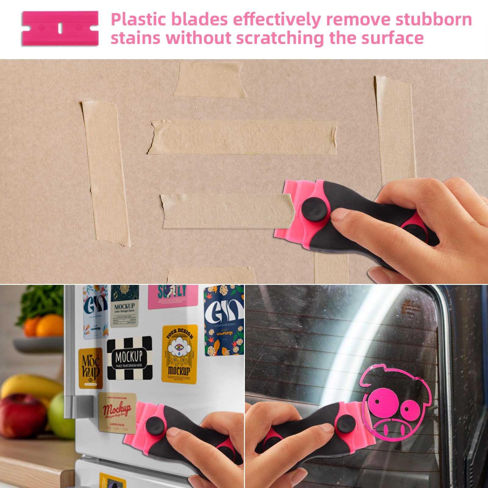 Wozoohyi Razor Blade Scraper,Plastic Razor Blade Scraper with 5 PCS Metal Blades and 5 PCS Plastic Blades,Pink Scraper Tool for Removing Decals, Window Labels,Glass Stove Top,Stickers (1 Pink)