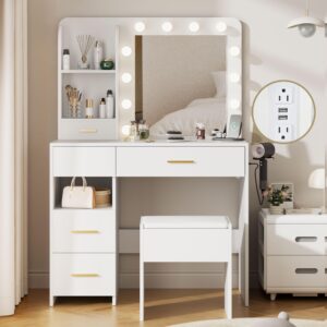 furnivado vanity desk with led lighted mirror, 3 adjustable lighting makeup vanity desk with 3 storage shelves, 5 large drawers and storage stool, vanity with power outlet for bedroom, white