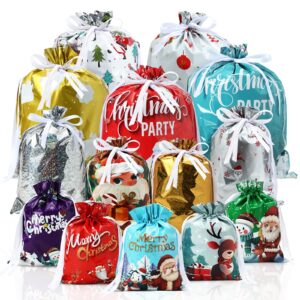 20pcs christmas gift bags christmas drawstring gift bags of assorted sizes holiday gift bags with ties and cards for party favors present wrapping santa snowmen reindeer gift bags party decorations