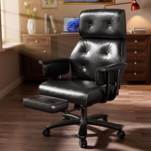 seekfancy reclining office chair with footrest, big and tall office chair 400lbs wide seat, leather high back executive office chair, ergonomic vintage desk chair, heavy duty black computer chair