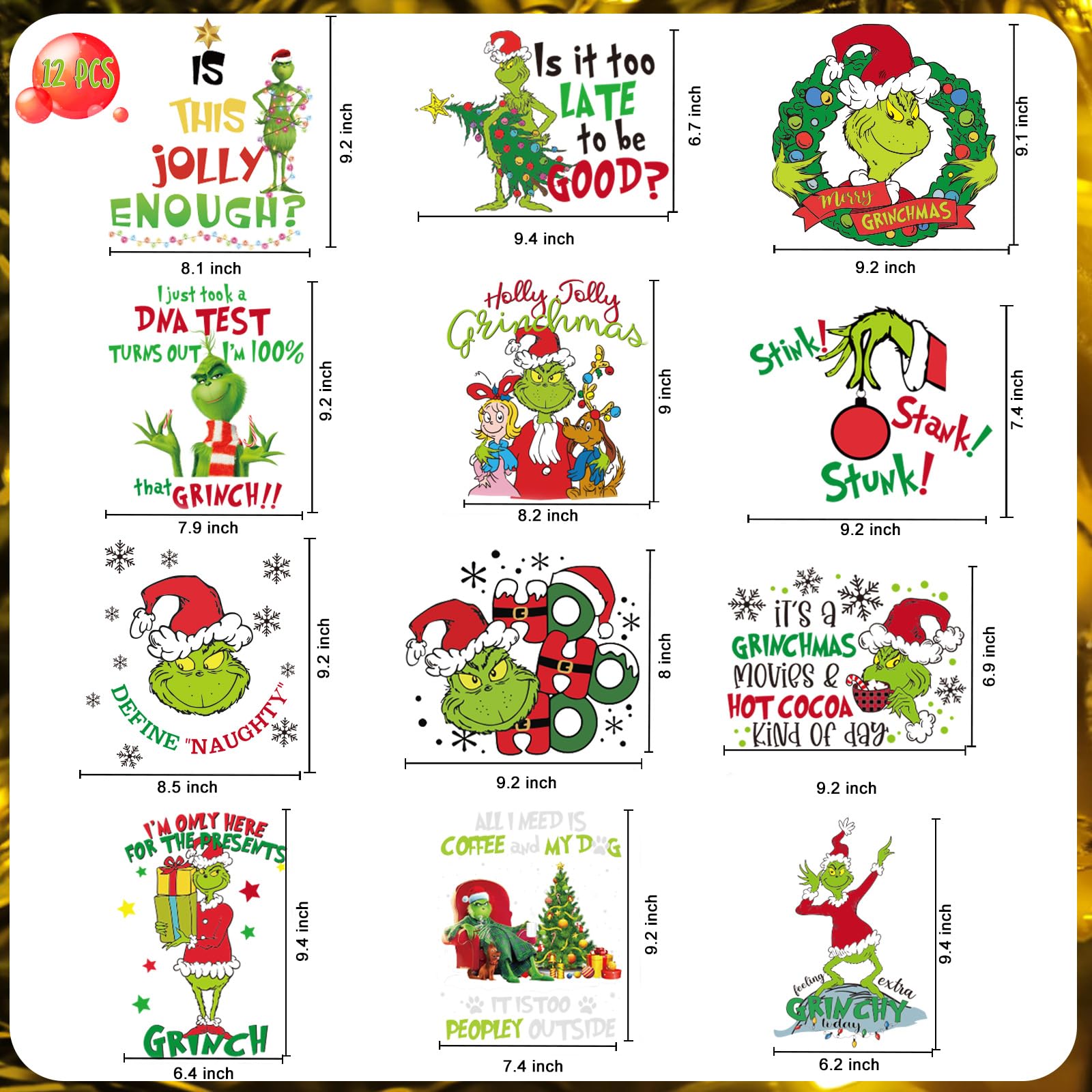 GYGOT 12 Sheets Christmas Iron On Transfers for T-Shirts,Christmas Heat Transfers Vinyl,Ready to Press Decals for T-Shirts Clothing DIY Crafts (Christmas)