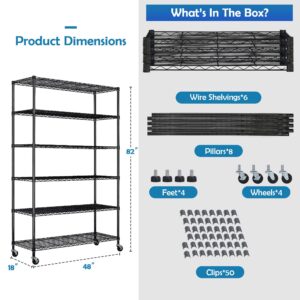 6 Tier Storage Shelves, 18" D x 48" W x 82" H Wire Rack Shelving, Shelving Units, Height Adjustable, Metal Storage Shelves, Wire Shelving, Shelving Units and Storage for Kitchen Garage Warehouse