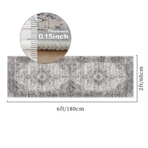 Hallway Runner Rug Washable Carpet: 2x6 Non Slip Vintage Rug with Rubber Backing Long Floor Mat for Kitchen Laundry Entryway Bathroom (Grey, 2'x6')