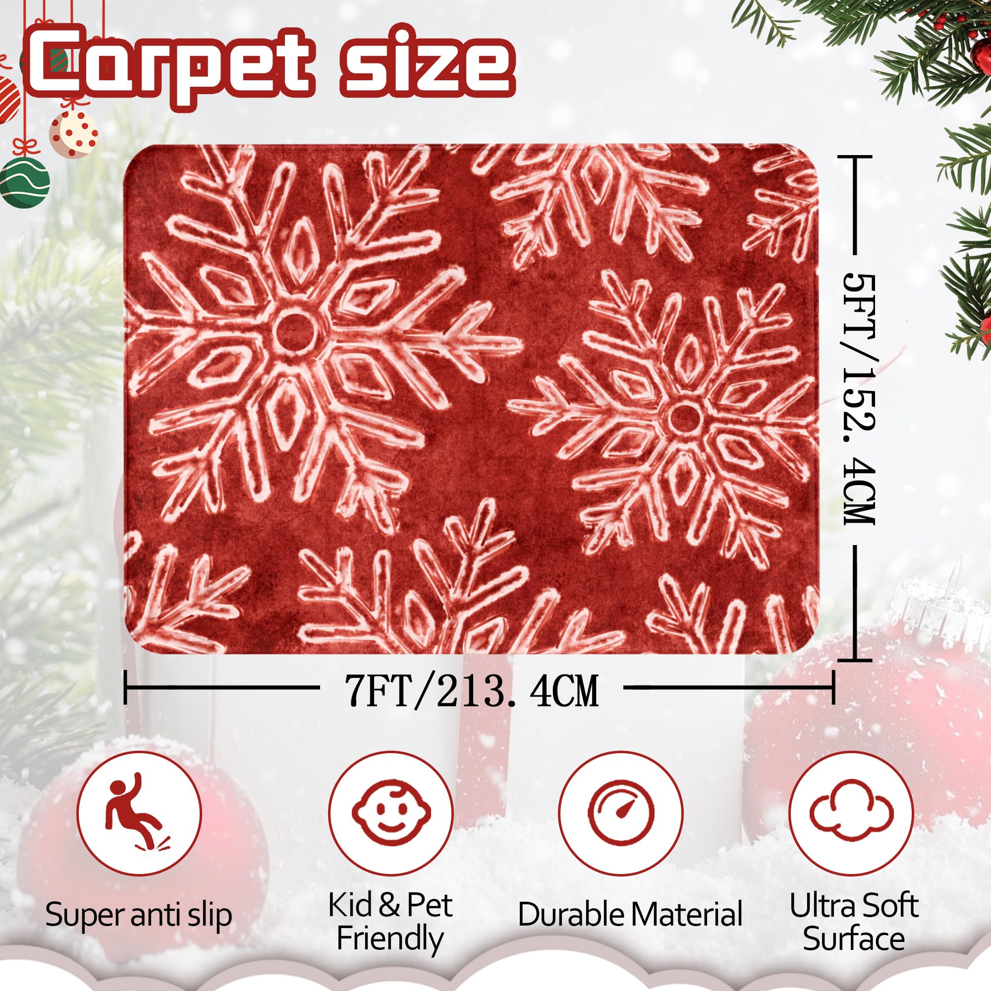 Christmas Area Rug Snowflake Winter Area Rugs Christmas Decorative Rug Xmas Throw Carpet Washable Non Slip Holiday Rug for Entryway Bedroom Living Room Laundry Room Indoor Red 5 x 7 FT