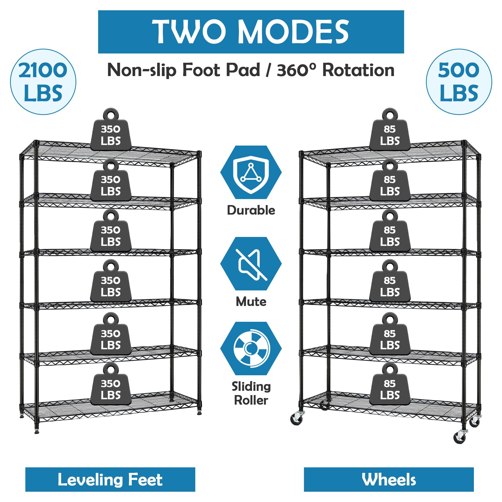 6 Tier Storage Shelves, 18" D x 48" W x 82" H Wire Rack Shelving, Shelving Units, Height Adjustable, Metal Storage Shelves, Wire Shelving, Shelving Units and Storage for Kitchen Garage Warehouse