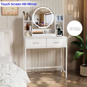 HDDDZSW Vanity Desk with Mirror and Lights, Make up Vanity Desk with Charging Station and 2 Drawers, Dressing Table with 3-Lighting-Modes Makeup Mirror, White Vanity Makeup Table for Bedroom