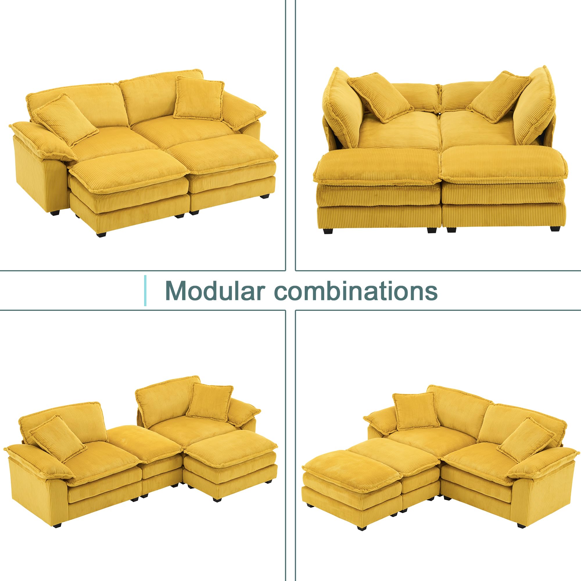 ZX Design 84.6" W Oversized Chaise Lounge Chair, deep seat sectional Sofa with Ottoman，Oversized sectional Sofa Cloud Couch, l Shaped Couch,Modern Corduroy Indoor Double Long Sofa(Yellow)