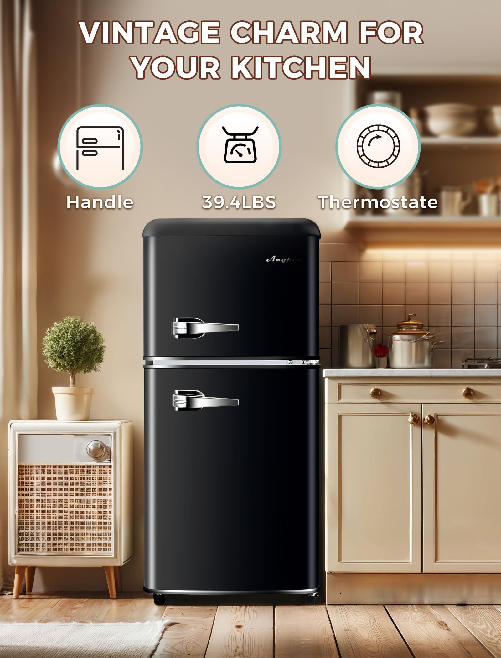 Anypro 3.2 Cu.Ft Compact Refrigerator Mini Fridge with Freezer, Retro Double Door Small Fridge with Freezer, 7 Level Thermostat & Removable Shelves, Small Refrigerator for Dorm, Office, Bedroom, Black