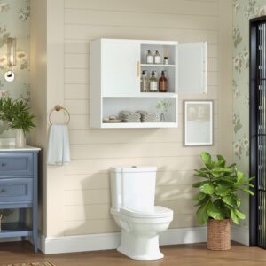 GAIOUS Metal Bathroom Wall Cabinet, Over Toilet Storage White with Open Shelf, Wall Mounted Medicine Cabinet with 2 Doors and Adjustable Shelves, Floor Cupboard for Kitchen Bedroom Living Dining Room