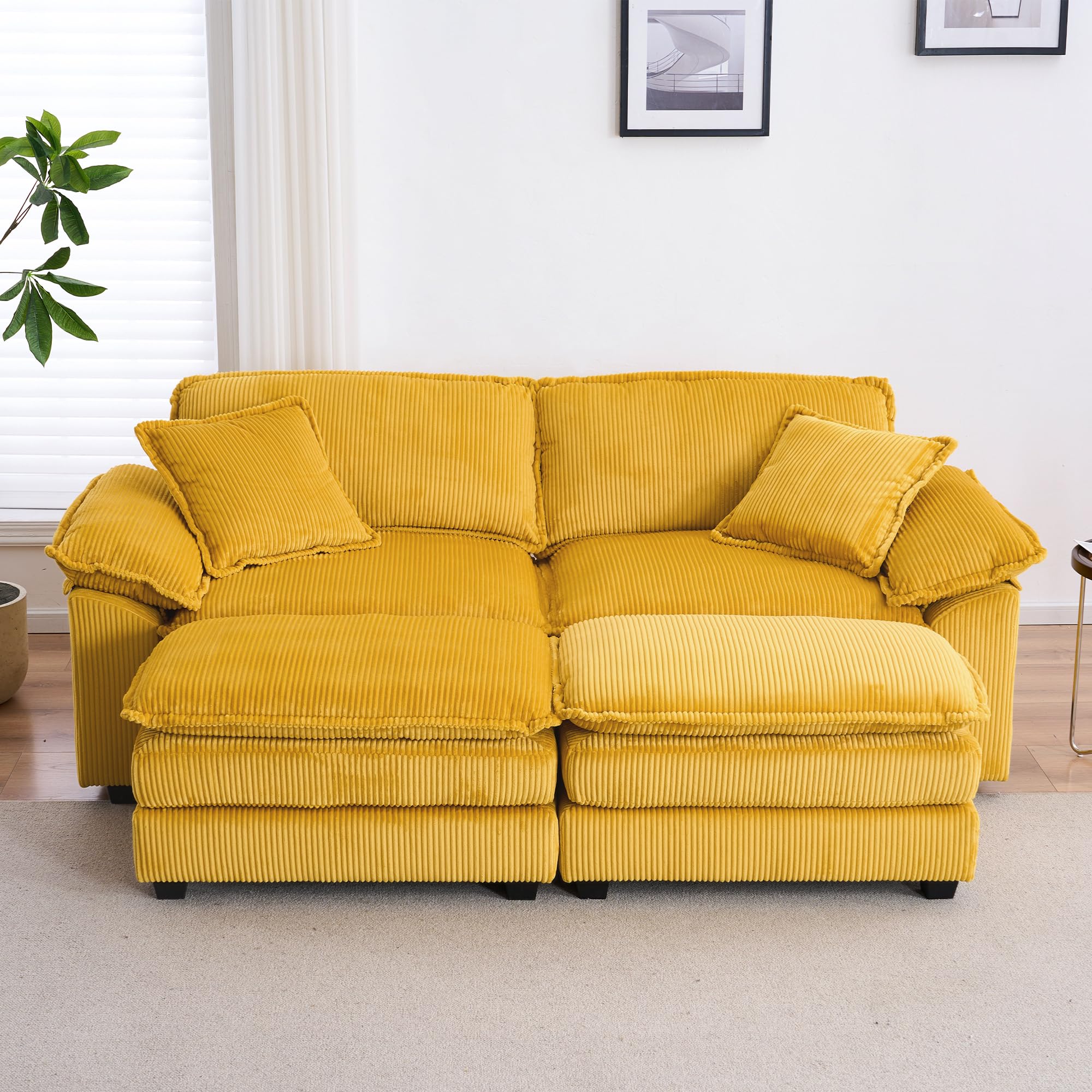 ZX Design 84.6" W Oversized Chaise Lounge Chair, deep seat sectional Sofa with Ottoman，Oversized sectional Sofa Cloud Couch, l Shaped Couch,Modern Corduroy Indoor Double Long Sofa(Yellow)