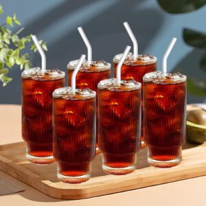 POYDORA 16 OZ Glass Cups with Lids and Straws, Vintage Ribbed Coffee Cups Drinking Glasses, Beer Glasses, Iced Coffee Glasses, Cute Tumbler Cup, Ideal for Whiskey,Cocktail,Wine (2 Pack)