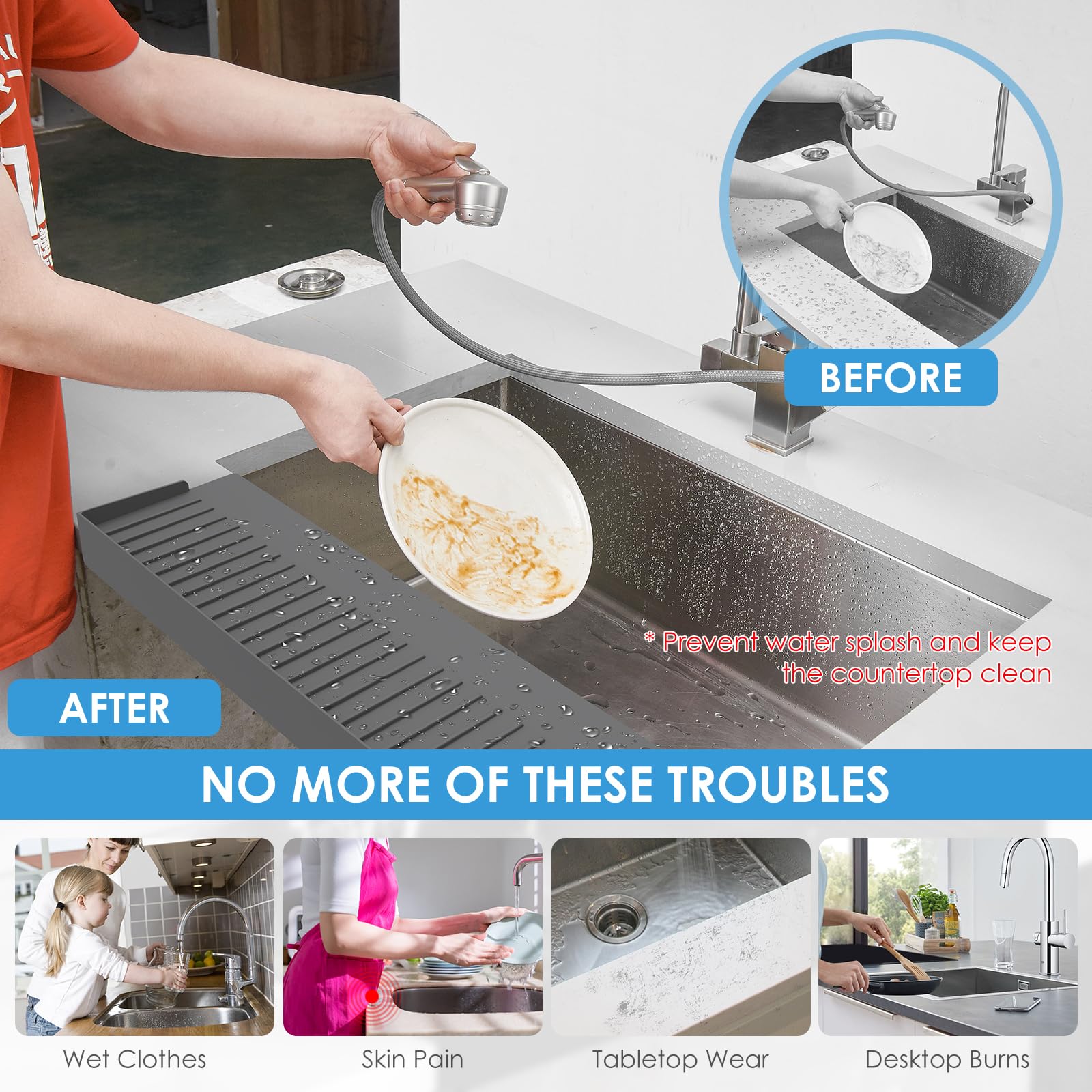 XULRKOS 20" L x 4" W Silicone Sink Edge Protector, Kitchen Sink Edge Guard, Splash Guard for Bathtub Sink, Sink Granite Quartz Protector, Adjustable Countertop Protectors (Grey)