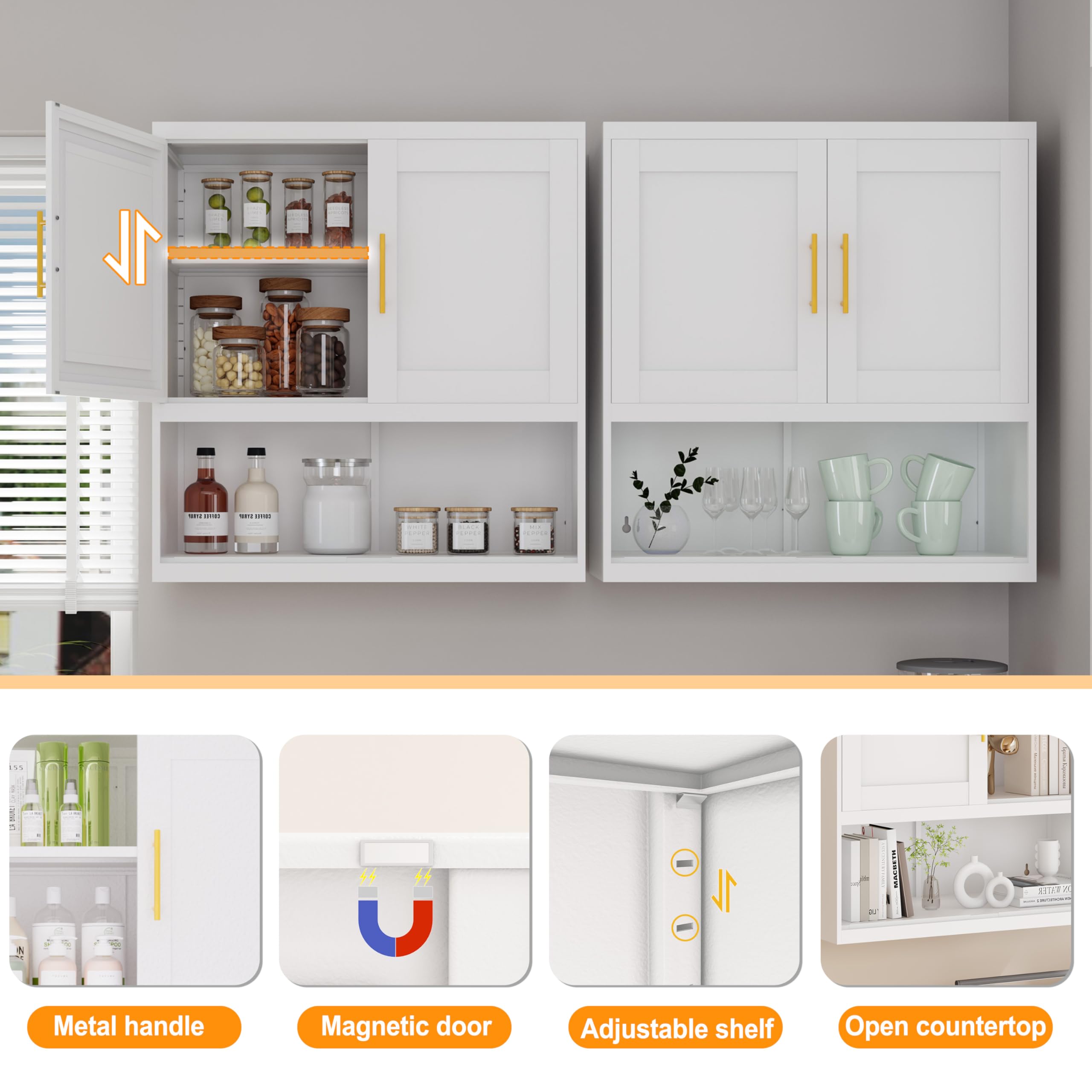 GAIOUS Metal Bathroom Wall Cabinet, Over Toilet Storage White with Open Shelf, Wall Mounted Medicine Cabinet with 2 Doors and Adjustable Shelves, Floor Cupboard for Kitchen Bedroom Living Dining Room