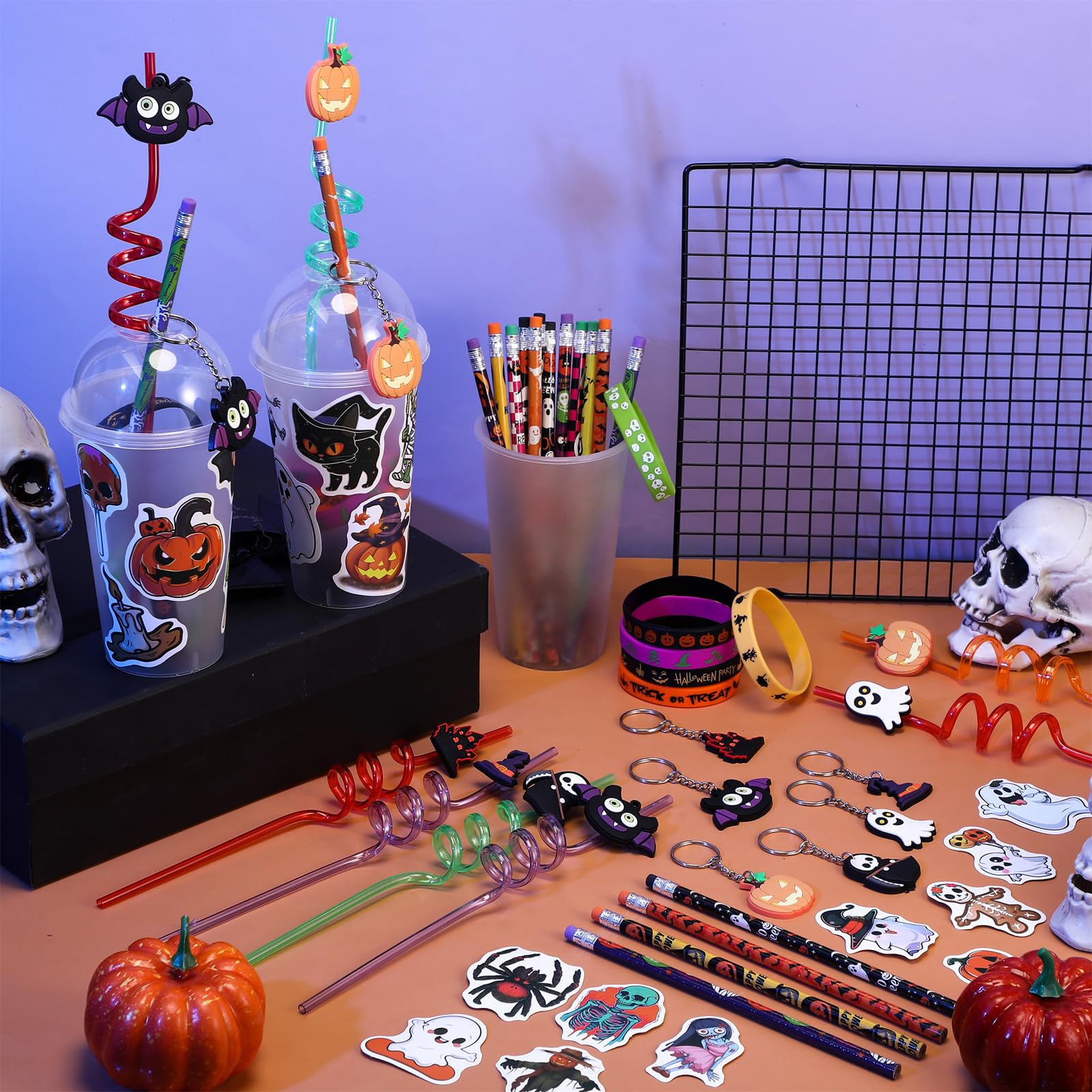 Seenelling 24 Set Halloween Party Favors Gift Cups Filler for Students, Halloween Goodie Bag Fillers, Halloween Treats Non Candy, Halloween Keychain Pencil Straw Silicone Bracelet for Classroom Gifts