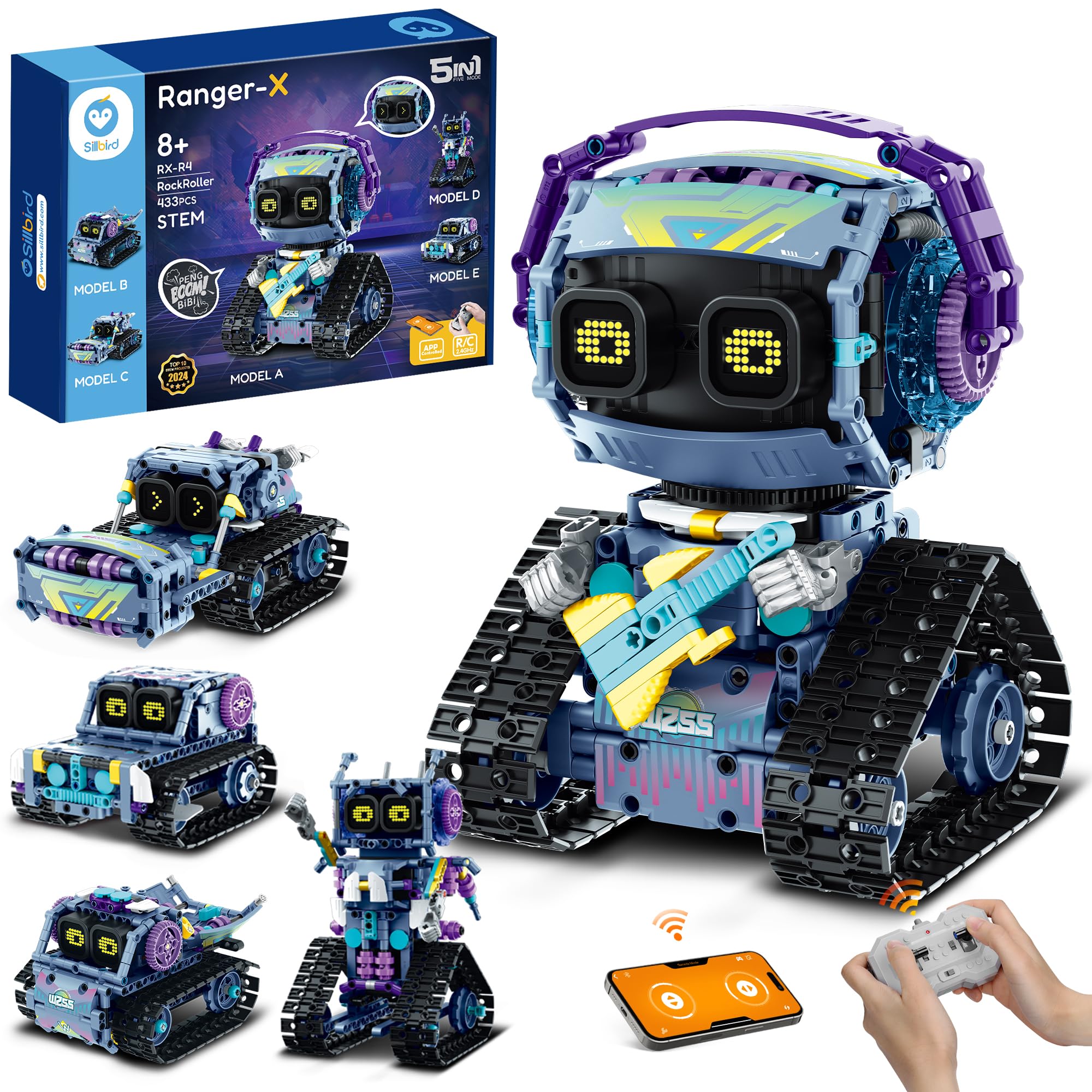 Sillbird Robot Building Kit with Remote Control Christmas STEM Gifts for Kids Boys Ages 8-12, Coding Robotic Projects Creative Toys for Birthday - Build 5in1 Model with 433 Pieces