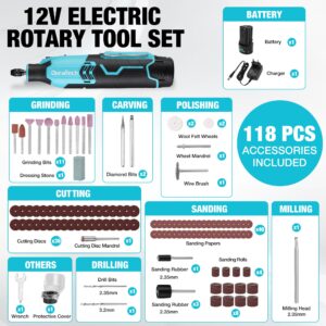 DURATECH Cordless Rotary Tool Kit, 12V Rotary Tool with 2.0Ah Rechargeable Battery, 5000-35000RPM 7 Variable Speed, 118PCS Accessories for Sanding, Polishing, Carving, Cutting, Drilling and DIY Crafts