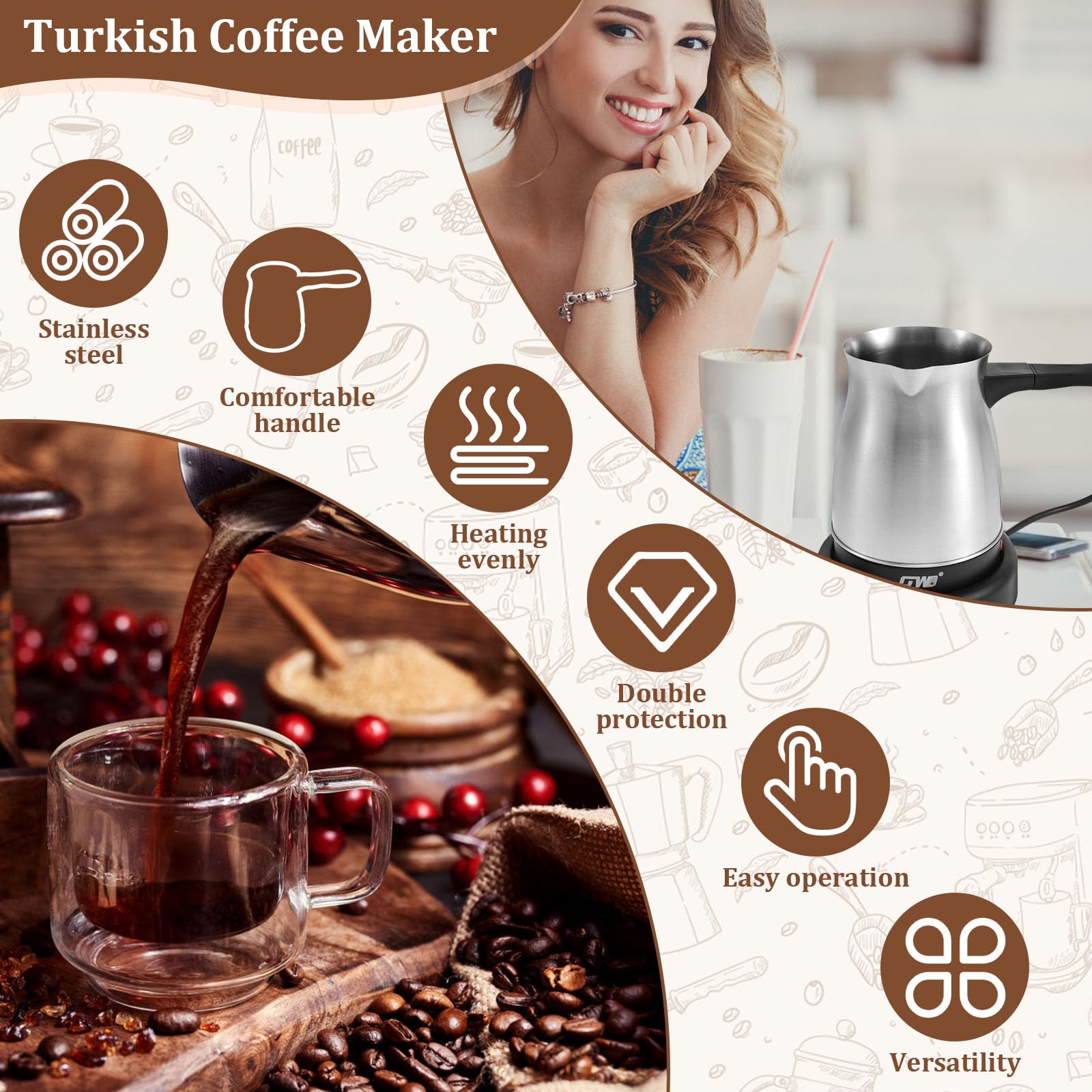 LYIYEYAN Turkish Coffee Maker, 600ml Stainless Steel 110V Turkish Coffee Machine, 5 to 6 Cups Capacity Turkish Coffee Pot, Electric Coffee Maker, Warmer Kettle with Ergonomic Handle for Home Travel