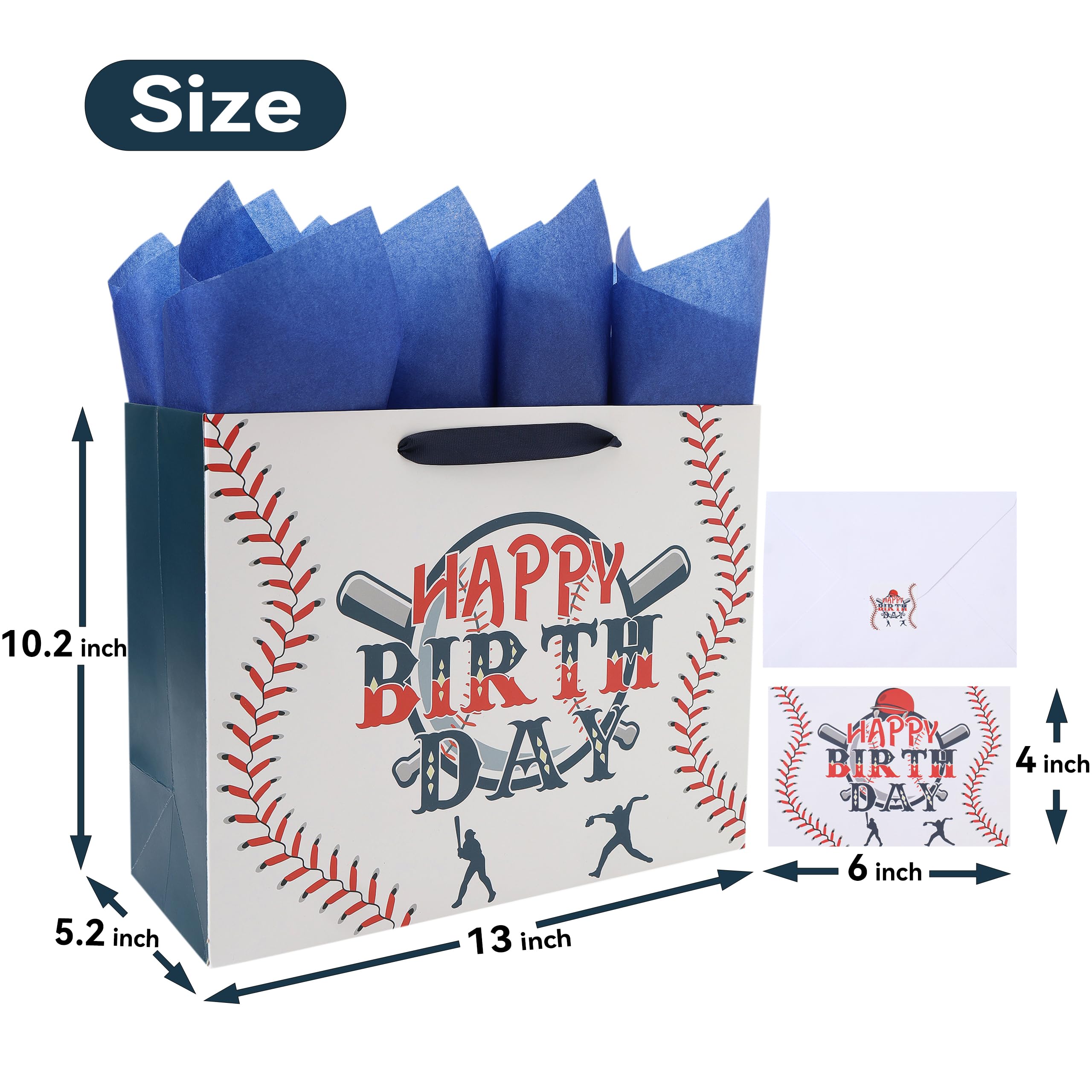 13” Large Baseball Happy Birthday Gift Bag Set with Handles, Greeting Card, Tissue Papers and Stickers for Boys Kids Teens, Sport Themed Birthday Design, 1 Pcs