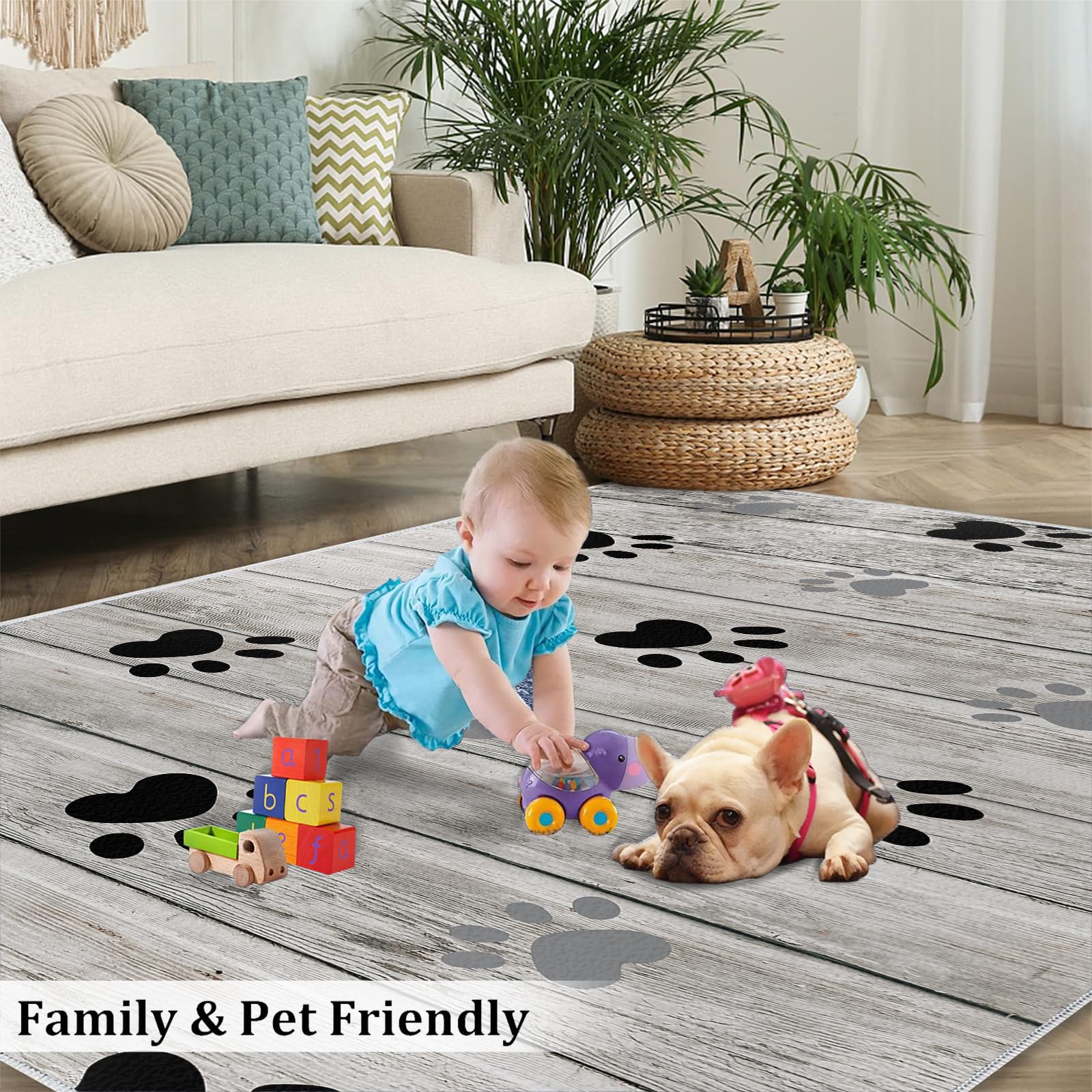 JELAIXO Cartoon 3'x2' Rug - Dog Paw Prints Nursery Rug, Wooden Board Durable Foldable Large Area Rugs for Kids Boys and Girls Room