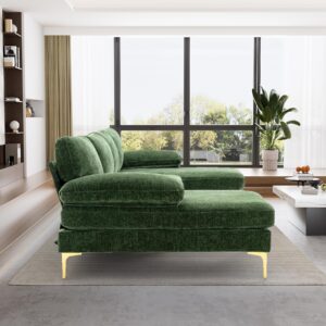 ONEMMLION U-Shaped Sectional Sofa Couch for Living Room, 4 Seat Sofa L-Shaped Chenille Sleeper Couch Set with Double Chaise Lounge,110.6 inches (Green)