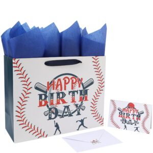 13” large baseball happy birthday gift bag set with handles, greeting card, tissue papers and stickers for boys kids teens, sport themed birthday design, 1 pcs