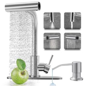 kitchen faucets with 4 modes pull down sprayer, kitchen sink faucet with soap dispenser, stainless steel modern waterfall faucet for kitchen sink, bar, laundry, rv (3/8-inch hose)