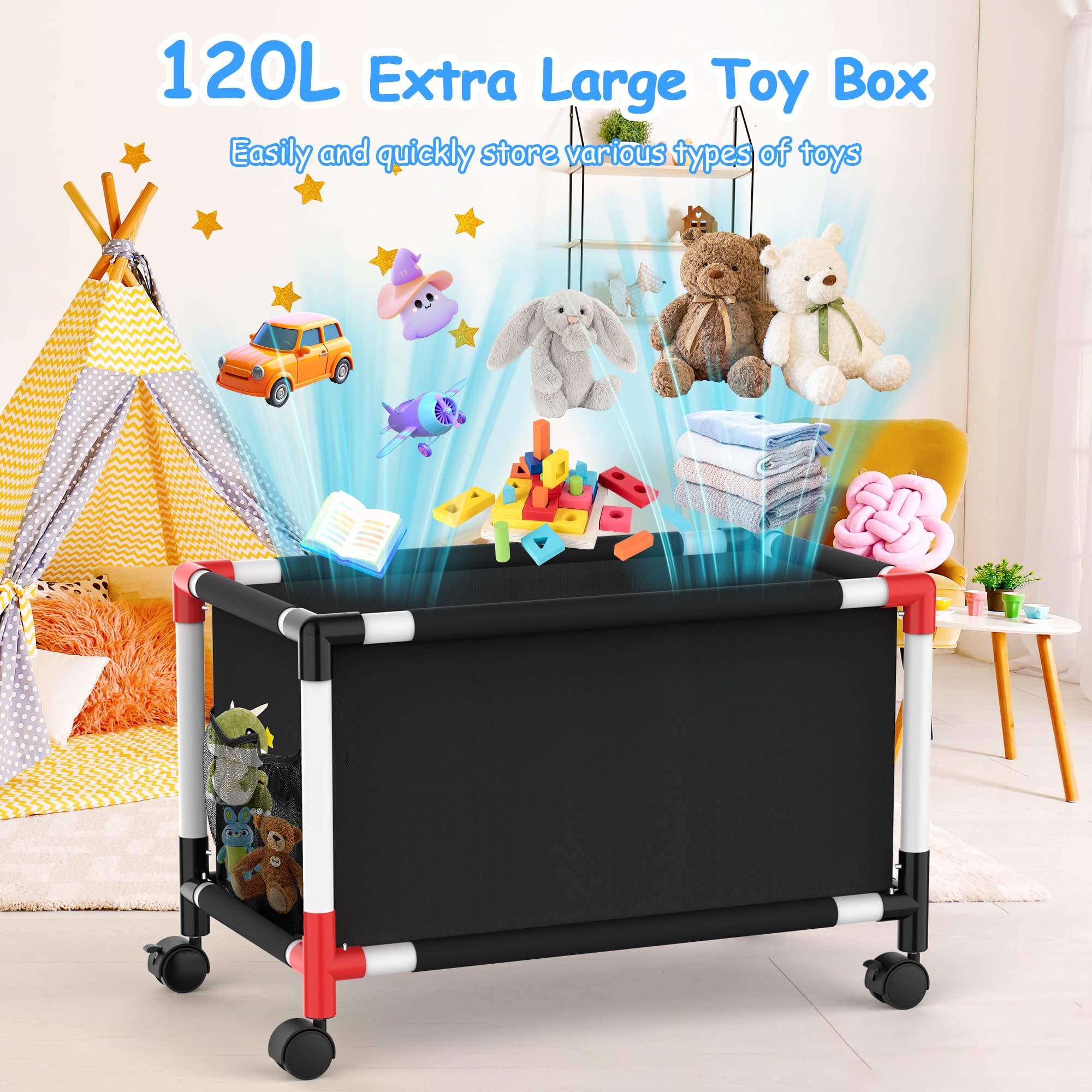 Extra Large Toy Box, Toy Chest Storage Organizers with 360° Wheels, 120L Oxford Toy Storage Boxes for Kids, Home Storage Organizer for Bedroom Living Nursery, 28.4 x 15.4 x19 Inches