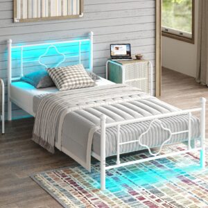 CollaredEagle Twin Size Bed Frame with Headboard and Footboard, Classic Metal Platform Bed Frame with Charging Station and LED Lights, Heavy Duty Slat Support Metal Bed Frame, No Noise, White