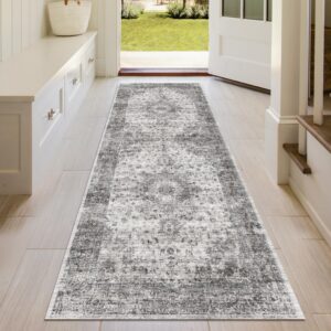 hallway runner rug washable carpet: 2x6 non slip vintage rug with rubber backing long floor mat for kitchen laundry entryway bathroom (grey, 2'x6')