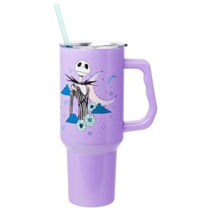 silver buffalo disney nightmare before christmas by tim burton jack skellington stainless steel tumbler with handle and straw, fits in standard cup holder, 40 ounces