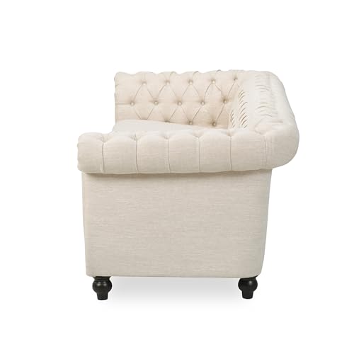 KEIKI 84" Sofa Couch 3-Seater with Button-Tufted Fabric,Mid Century Modern Design Chesterfield Style, Beige