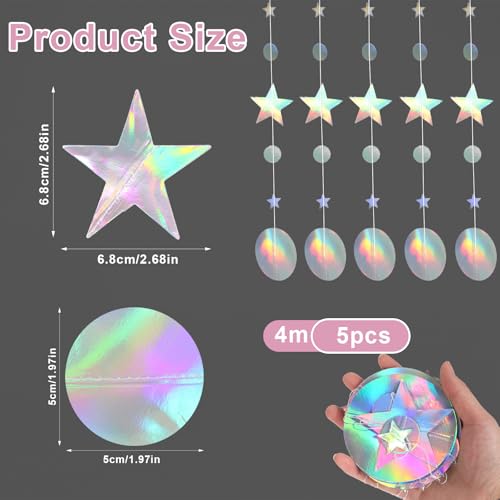 Giantree 65Ft Iridescent Star Circle Dot Shiny Garlands, 5Pcs Hanging and Twinkle Little Star Circle Dot Streamer Bunting Banner for Wedding Birthday Graduation Christmas Party Decor(Star Circle Dot)